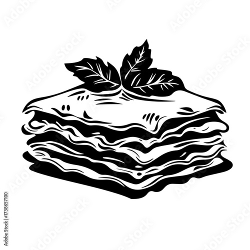 Lasagna slice silhouette vector – layered Italian pasta with cheese and basil, comfort food illustration