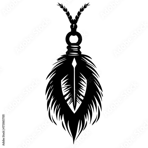 Feather pendant silhouette vector – tribal necklace charm with bead and arrowhead