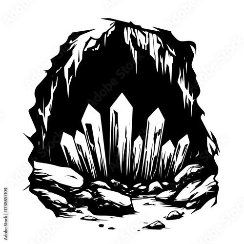Crystal cave silhouette vector – underground cavern with sharp quartz crystals and stalactites
