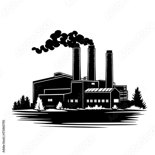 Industrial factory silhouette vector – sprawling plant with smokestacks emitting fumes