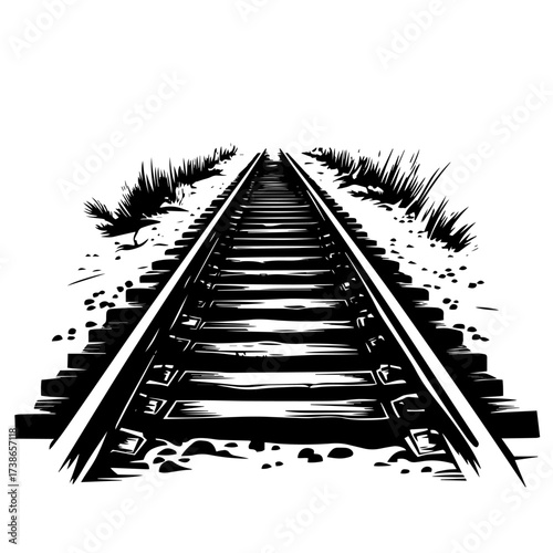 Railway tracks perspective silhouette vector – infinite railroad sleepers vanishing point, transportation journey symbol