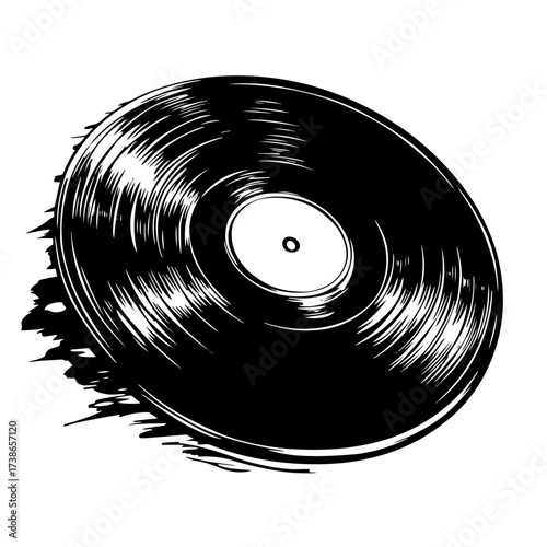 Vinyl record silhouette vector – spinning analog LP disc with grooves, retro music icon