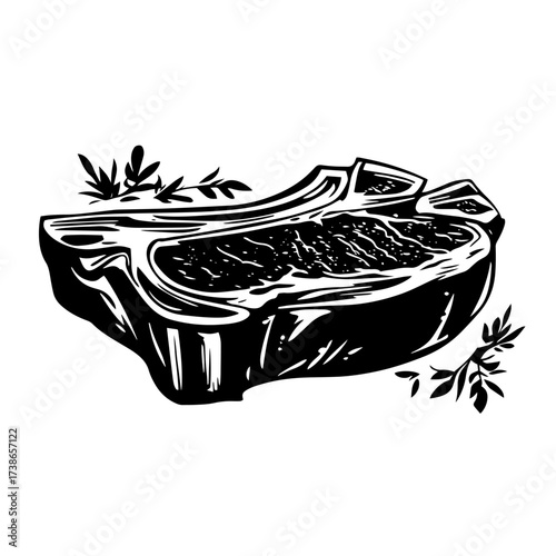 Steak meat silhouette vector – juicy骨-in ribeye chop with herb sprigs, butcher shop icon