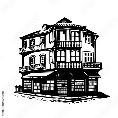 Mediterranean corner building silhouette vector – three‑storey townhouse with balconies and ground‑floor café