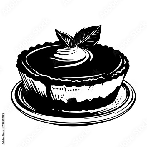 Cheesecake slice silhouette vector – round baked pie with cream topping and mint leaf
