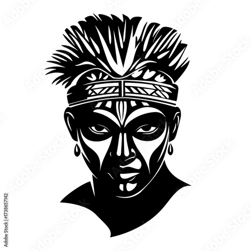 Tribal warrior woman silhouette vector – fierce female face with ceremonial face paint and spiky hair headdress