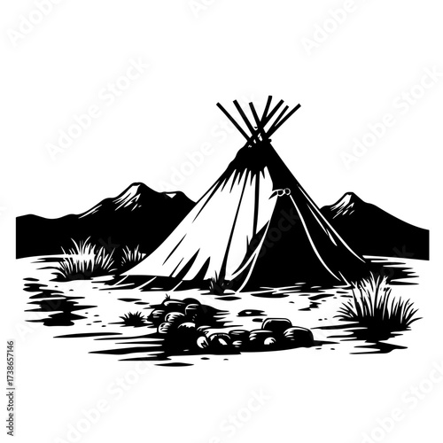 Teepee camp silhouette vector – Native American tipi tent with mountains, campfire and prairie landscape