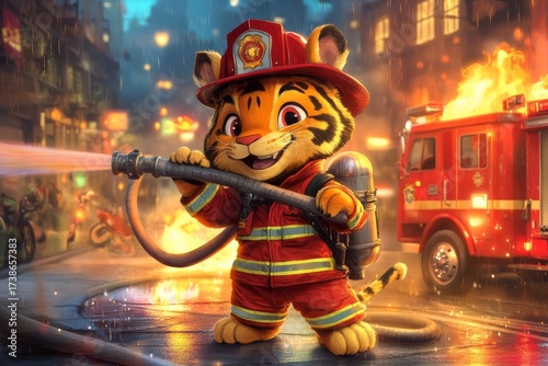 Cartoon tiger firefighter in action with firetruck and flames