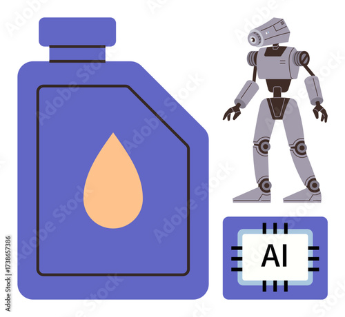 Robot beside oil canister and AI processor chip symbolizing advanced robotics, technology, and innovation. Ideal for AI, robotics, programming, automation, futuristic concepts, innovation progress