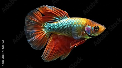 Betta fish with vibrant orange  teal fins on black background