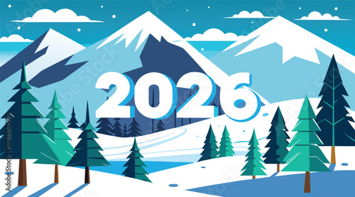 Scenic Winter 2026 Vector Art – Editable Snow Mountain Background AI/EPS