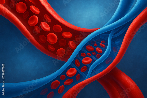 Blood cells flowing through arteries and veins for medical illustration concept