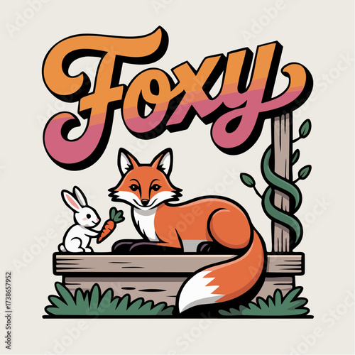 mid-century foxy front-porch fox-and-rabbit sunset-gradient script vector for signage and lifestyle merch