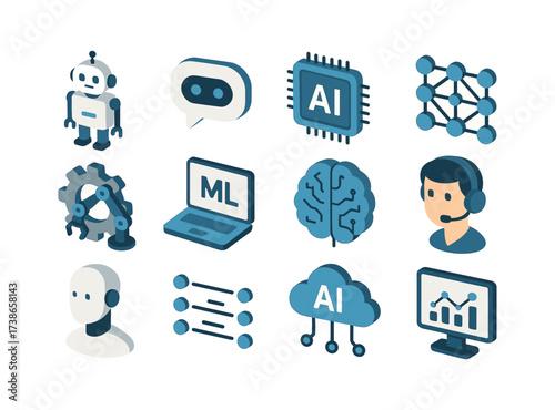 Futuristic technology icons featuring ai, machine learning, and robotics in isometric style
