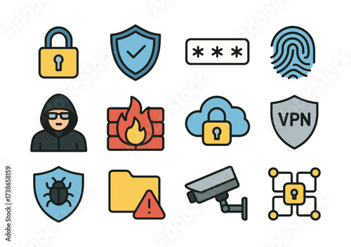 Cybersecurity icons set featuring locks, shields, passwords, and more