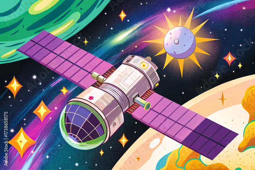 A futuristic artificial satellite circling Earth amid shining stars in outer space, created in detailed vector style, ideal for stock images, aerospace visuals, scientific concepts, technology themes