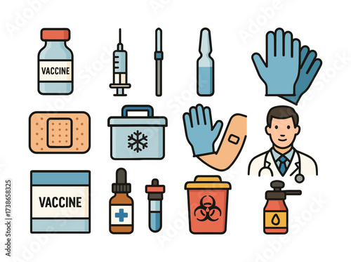 Medical icons set: syringe, vaccine, doctor, gloves, bandage, syringe, ampoule in flat design
