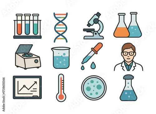 Science lab icons: chemistry, biology, and research tools in flat design