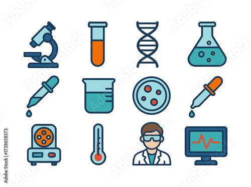 Science lab equipment icons set featuring microscope, test tubes, dna, and more in flat style