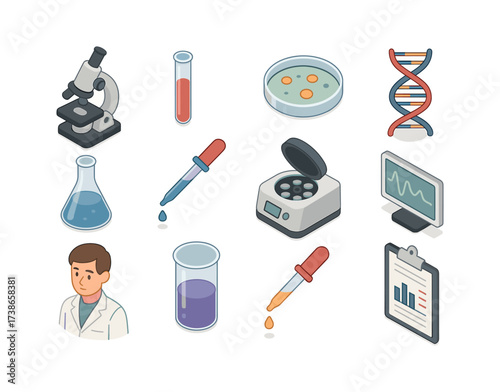 Isometric science lab equipment icons with researcher and dna strand