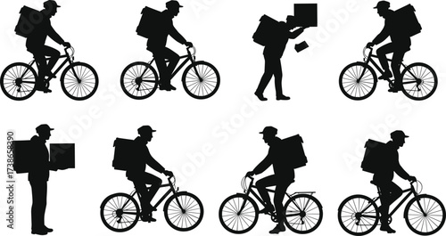 Delivery person silhouette, courier bicycle, food transport, parcel worker, logistics job, backpack rider, urban service, professional occupation