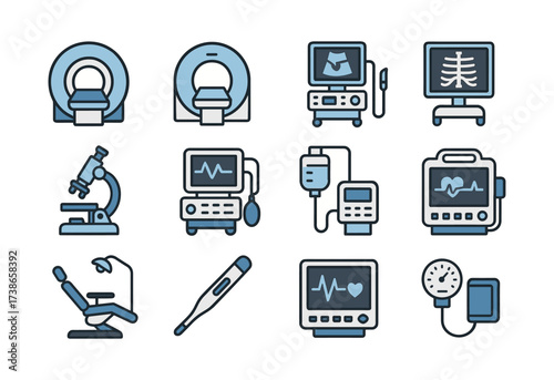 Medical equipment icons set featuring linear diagnostic tools and healthcare devices