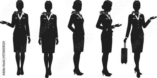 Flight attendant silhouette, cabin crew, airline staff, uniform pose, travel job, aviation worker, stewardess role, professional occupation