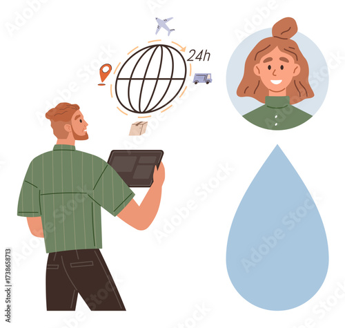 Person using a tablet managing global delivery network with airplane, truck, and parcel icons. Customer support interface, location pin. Ideal for e-commerce, logistics, delivery service, technology