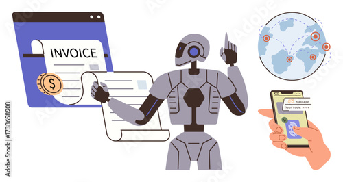 Robot interacting with digital invoices, globe with connection points, and hand holding smartphone. Ideal for technology, automation, AI, global commerce, fintech, digital transformation innovation