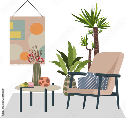 A cozy living room nook features a modern armchair and a bedside table. Green plants and an abstract rug decorate the wall. A vase of flowers and candles add a touch of homeliness and a pleasant