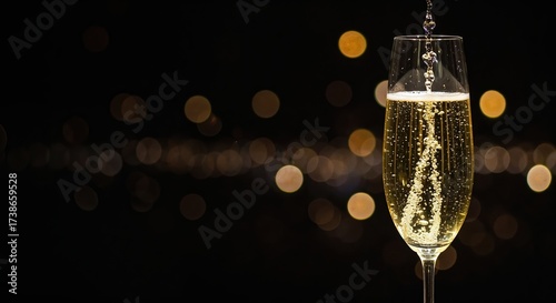A tall, elegant champagne flute is filled with golden sparkling wine, creating a cascade of effervescent bubbles against a festive dark background with warm bokeh lights.