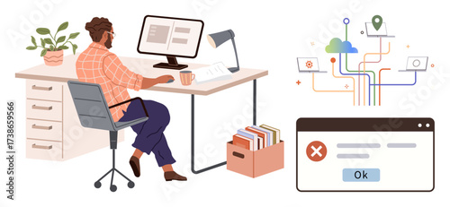 Man at desk with computer, coffee, documents, tracking error message, cloud connections, and abstract data paths. Ideal for technology, remote work, error management data flow IT support
