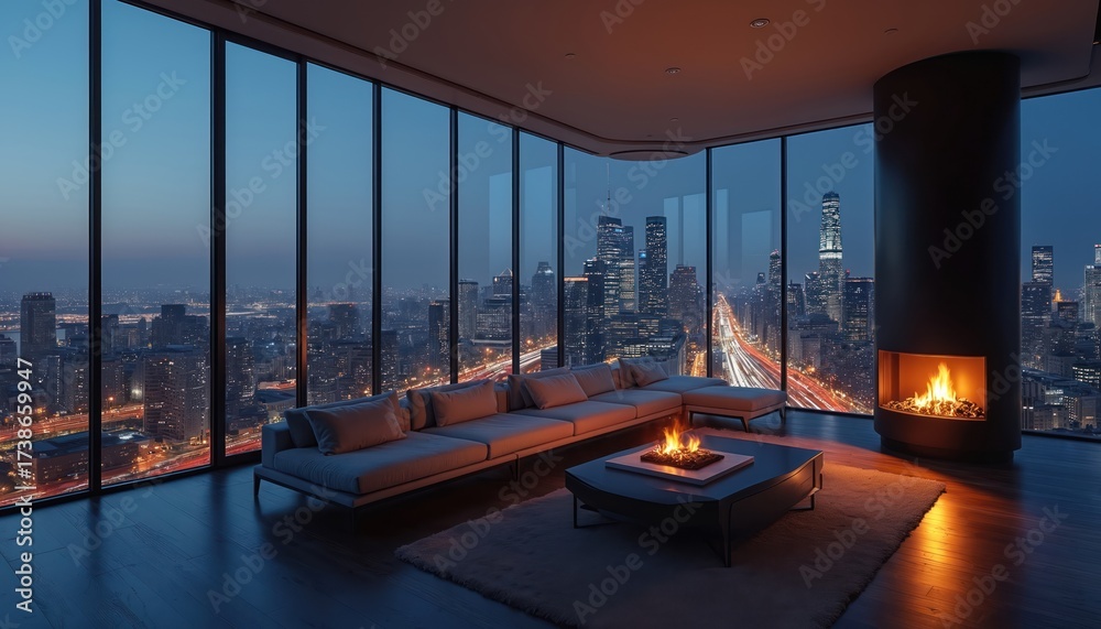 Obraz premium Luxurious modern penthouse living room overlooks big city at night. Skyline, skyscrapers, busy highway traffic with light streaks below wide windows. Cozy interior with comfy sofa, warm fire pit,