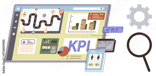 Digital dashboard with KPI metrics, financial graphs, pie chart, and data visuals. Ideal for analytics, strategy planning, productivity, business trends, reporting data tracking simple flat