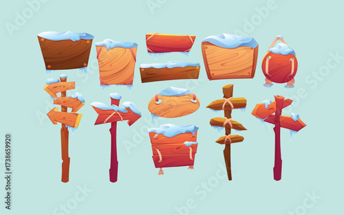 Wooden signboards, planks and pointers with snow vector