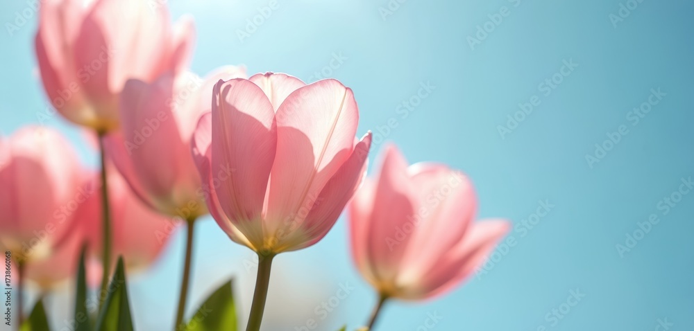 Obraz premium Soft pink tulip flowers bloom against a clear sky backdrop. Delicate petals glow in sunlight. Perfect for spring themes greeting cards and gentle mood inspiration.