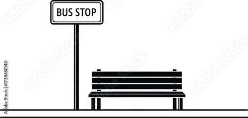 Empty bus stop bench with sign waiting for passengers on a clear day