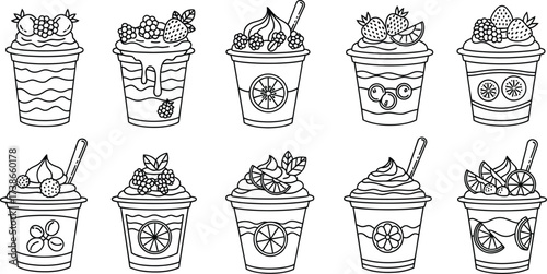 Collection of charming outline illustrations of delicious fruit-topped desserts and drinks