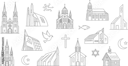 Collection of diverse religious building outlines and symbols