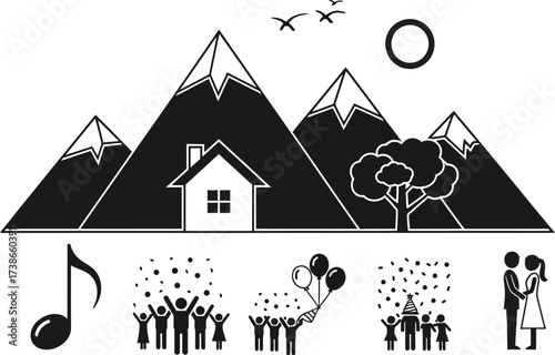 Joyful celebration and harmonious life against a scenic mountain backdrop