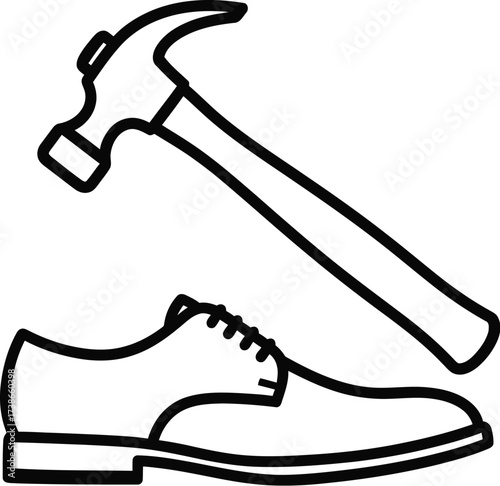 Simple outline illustration of a dress shoe and a hammer