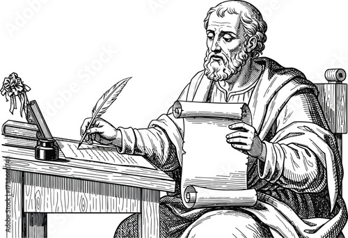 Wise elderly scholar diligently writing on parchment with quill pen at a wooden desk.