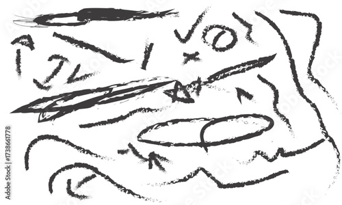  Chaotic yet expressive assortment of distressed brushstroke lines, arrows, checks, and abstract symbols, perfect for grunge designs.