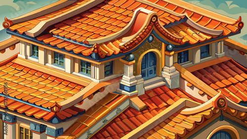 Close-up of a tiled roof on a classic house, ceramic pattern, detailed structure, 3D perspective, scalable vector, vibrant colors, clean lines, professional rendering, traditional isometric architectu