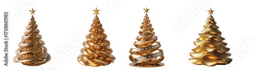 Four golden christmas trees with star toppers, decorated with glitter and snow, isolated on transparent background
