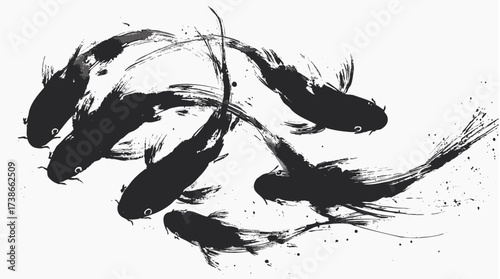 Asian koi carp ink painting grunge style illustration with traditional Japanese brush strokes