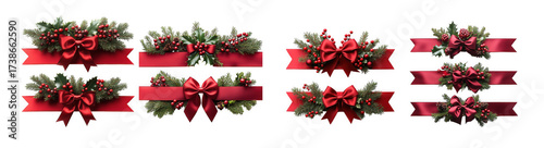 Collection of festive red bows with green fir branches and red berries, isolated on transparent background