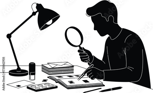 Silhouette of Person Collecting Stamps or Coins with Magnifying Glass

