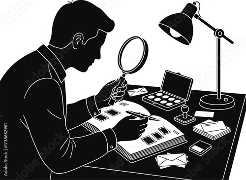 Silhouette of Person Collecting Stamps or Coins with Magnifying Glass

