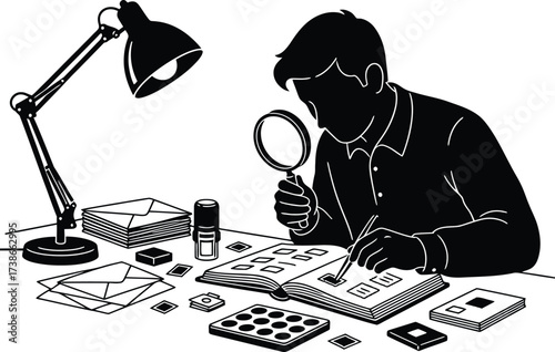 Silhouette of Person Collecting Stamps or Coins with Magnifying Glass

